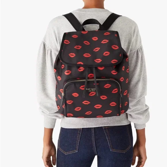 "SOLD" - Kate Spade Black and Red Lip Print Backpack - Picture 2 of 6